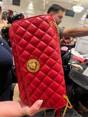 Versace Red Quilted Shoulder Bag with Gold Medallion